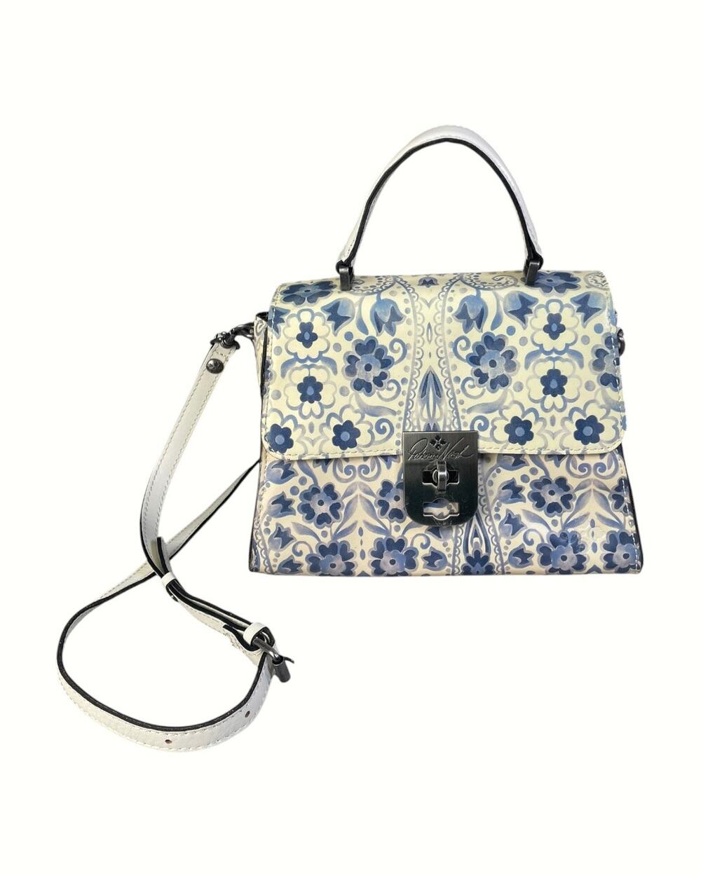 Patricia Nash Leather Satchel Purse Blue/Cream Floral Pattern W/ Turn Lock
